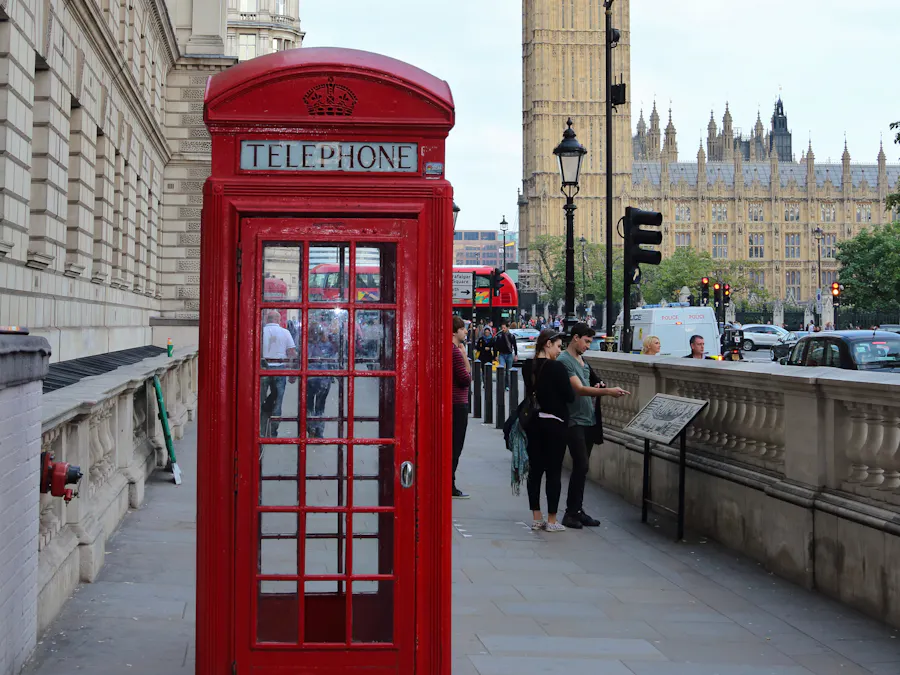 A red telephone box with Big Ben and the Houses of Parliament behind